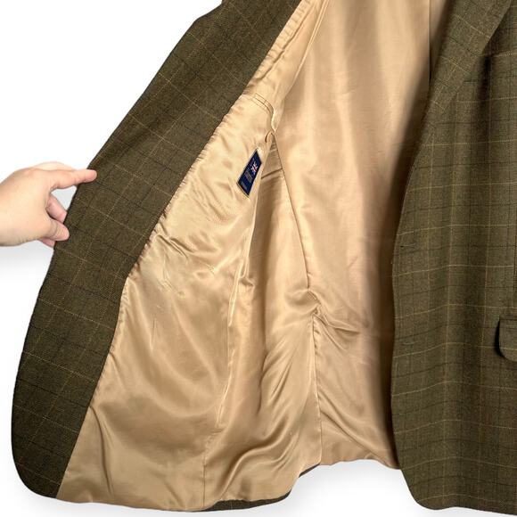 T. Harris London 100% Lambswool Brown Plaid Three Button Blazer Men's Size 44L - Picture 8 of 13